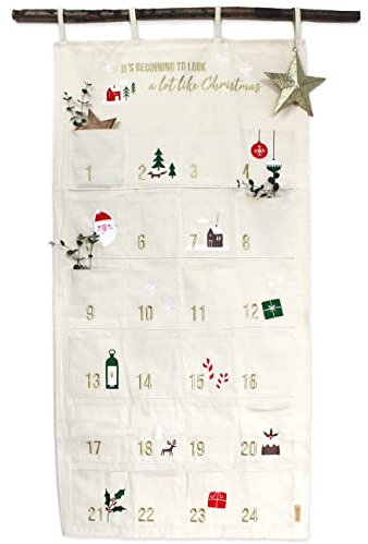 Papierdrachen Adventskalender 2025 als Wandkalender aus Stoff zum Befüllen - beige & gold - hochwertig bestickt - Stoffbeutel - Geschenksäckchen - wiederverwendbar - Set Nr 34