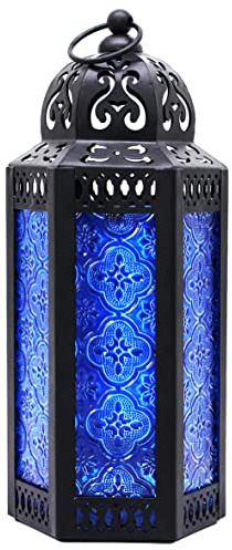 CVHOMEDECO. Dekorativ ljuslykta marockanska lyktor vintage svart metalllykthållare för hem uteplats utomhusdekor. Koboltglas, medium