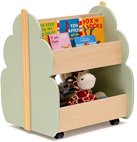 LIFEZEAL Libreria a 2 Livelli per Bambini, con 4 Ruote, 3 Scomparti, Scaffale in Legno a Forma di Albero, Contenitore di Libri e Giocattoli, per Cameretta, Verde, 52x46x62,5 cm