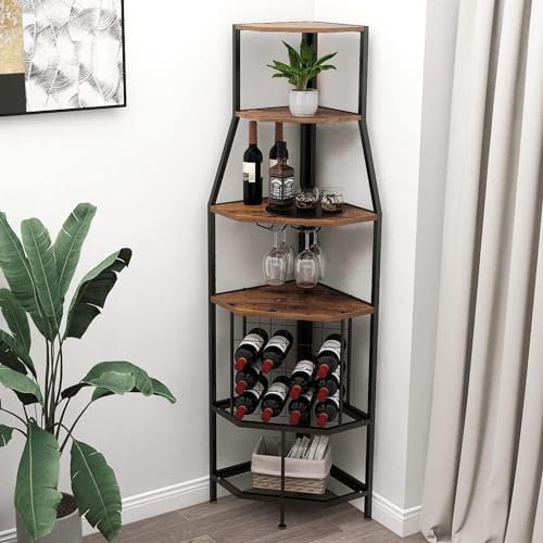 VEDECASA Freestanding Corner Wine Rack 5-Tier Wine Holder Display Storage Shelves Wine Storage Rack with Glass Holder for Home Kitchen Cellar