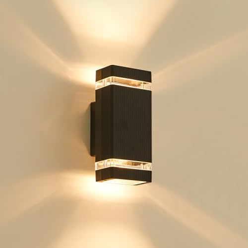 LMP Up Down Outdoor Wall Lights Mains Powered, IP65 Waterproof Outside Wall Lights, Square Porch Front Door Light Electric, GU10 External LED Lighting Exterior Sconce Wall Mounted for House, Black