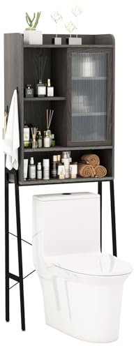 LIFEZEAL Toilettenschrank mit Schiebetür und Haken, Aufbewahrungsschrank Waschmaschinenschrank Holz, Toilettenregal Überschrank, für Badezimmer 63 x 29 x 170 cm