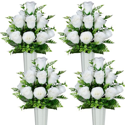 SIFOEL Artificial Cemetery Flowers with Vase, Artificial Rose Bouquet Grave Memorial Flowers for Cemetery Headstones Decoration (White-4Pcs)