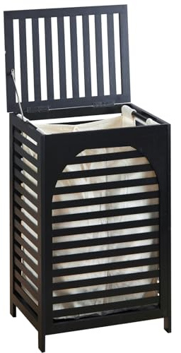 Wäschekorb mit Deckel, Bambus, groß, wasserdicht, abnehmbare Wäschesäcke mit Griffen, Wäschekorb (schwarz)