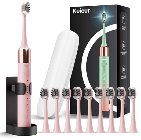 Kuicur Sonic Electric Toothbrush for Adults & Kids, Rechargeable Electric Toothbrush with 10 Brush Heads & Travel Case, Teeth Whitening, Power Tooth Brush with Holder, Charge for 120 Days - Pink