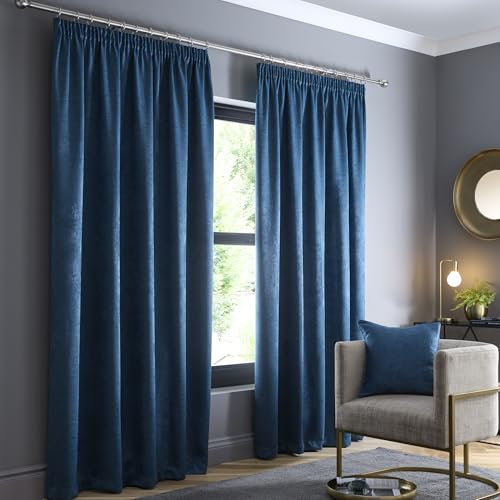 Fusion - Teal Curtains W90 x L90 (229 x 229cm) - 100% Cotton - 2x Panels - Pencil Pleat Curtains in Teal Blue - Soundproof Curtains & Thermal Curtains for Bedroom - Teal Pleated Curtains & Drapes