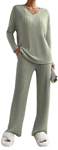 SHEKINI Dam höst och vinter sportdräkter loungewear set V-ringad mysiga hemmakläder set långa avslappnade trackdräkter, Grön, S