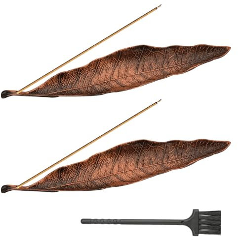 2 Stück Räucherstäbchen Halter, Blätter Metall Räuchergefäß, Räucherkegei Halter, Retro Räucherstäbchenhalter Ash Catcher mit Mini-Besen für Räucherstäbchen, Wohnkultur, Yoga, Meditation, Büro 21 cm