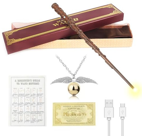 WDKXCN Hermine Zauberstab, 37CM Glühen Zauberstab Hermine Granger, USB Aufladung Hermine Granger Zauberstab in Geschenkbox mit Zauberspruch-Karte, Stationsticket und Halskette