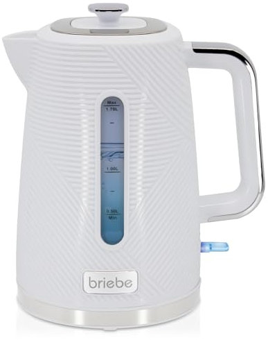 briebe Elegance Hervidor Agua Eléctrico 1,7L Inalámbrico, Tetera Infusiones 2200W Ebullición Rápida, Libre BPA, Base 360°, Controlador Strix, Apagado Automático, Diseño Moderno, Blanco