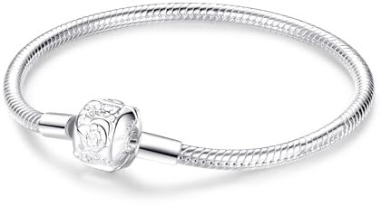 XWN 925 Silver Bracelet for Women, Pandora Moments Series Snake Chain Bracelet, Compatible with Pandora Charms, an Ideal Jewelry Gift for Women.(White Rose 21CM)
