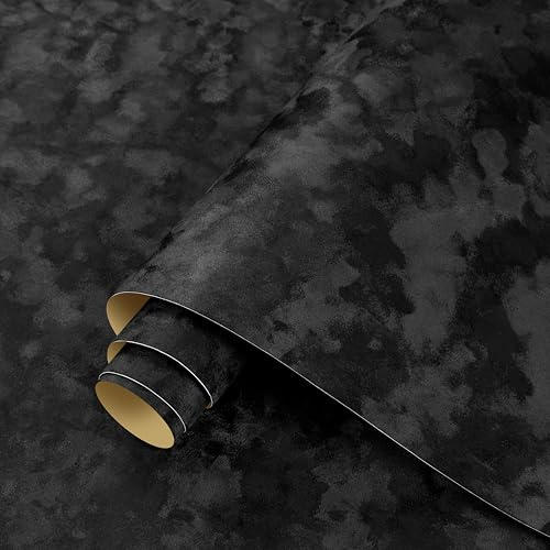 ReWallpaper 44.5CMx7M Self Adhesive Wallpaper Black Velvet Fabric Contact Paper for Furniture Stickers Stick on Wallpapers Vintage Black Flocked Velvet Wallpaper for Living Room Lounge