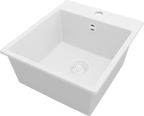 PRIMAGRAN Lavello da Cucina Tutto Bianco 38x44cm, Lavandino in Granito a 1 vasca + Sifone Classico, Lavabo Incasso al mobile 40cm - Riga Easy S008