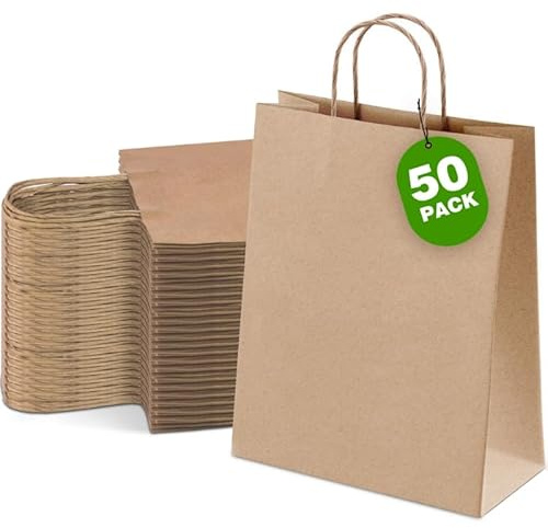 GINKGO 50 Pack Brown Kraft Paper Bags with Handles, Medium Strong Gift, Party & Retail Shopping Bags, Eco-Friendly Recyclable, 18 x 24 x 8 cm