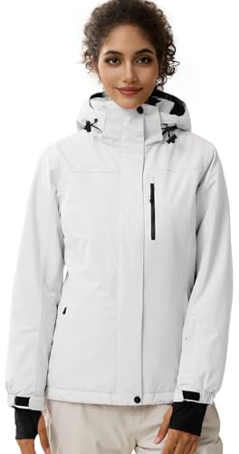 FREE SOLDIER Giacca Impermeabile da Ski/Neve Donna, Foderata in Pile, Calda per l'Inverno con Cappuccio e Cuciture Completamente Sigillate Bianco, M