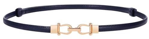 LEACOOLKEY Cintura Sottile in Pelle per Donna per Vestiti - Cintura Vita Sottile Regolabile con Fibbia Dorata,Blu Notte，105cm(Adatto per vita fino a 94cm)