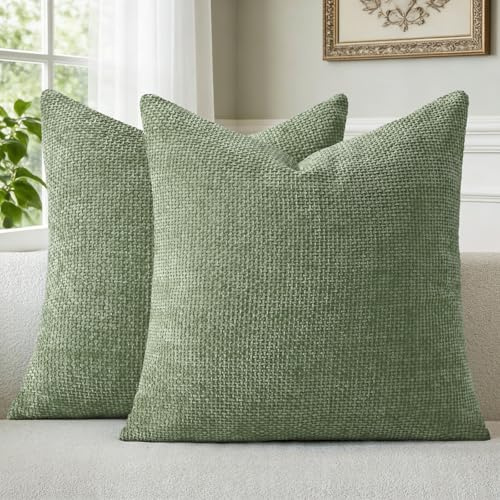 a moment Kissenbezug 40x40 Grün Chenille Dekokissen Frühling Kissenbezüge 2er Set Muster Deko Sofakissen Zierkissen Couchkissen Waschbar Flauschig Kissenhülle für Zuhause Wohnzimmer Schlafzimmer