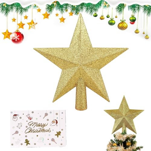 Julgransspets, stjärna med gratulationskort, glittrande julgransspet, julgransspetsstjärna, trädspets spets för julgran jul (B) (guld)