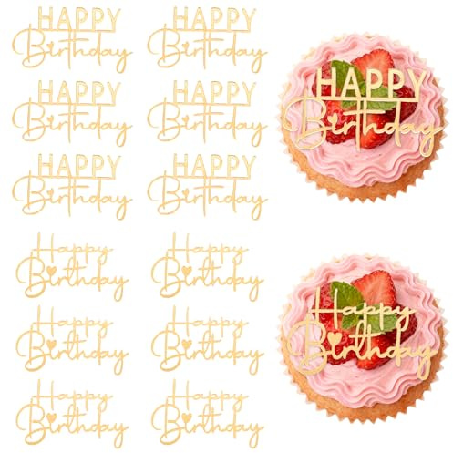 12 Pieces Gold Happy Birthday Cake Toppers Acrylic Cupcake Topper Happy Birthday Sign for Cake Supplies Party Decorations
