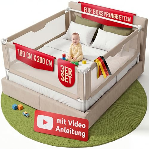 Mallie® Rausfallschutz Boxspringbett 180x200cm Elternbett Beige | 3-seitiges Set mit MALLIEFIX 2.0 Click-System, extra hoch | Bettgitter & Bettschutzgitter für Baby & Kinder