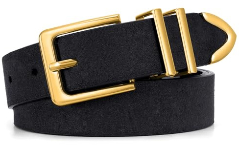 JASGOOD Ceinture Femme Cuir Suédé à Boucle Dorée Ceinture Taille Décontractée Mode pour Jeans et Pantalons,Noir,Taille 90-104 cm(Longueur 120 cm)