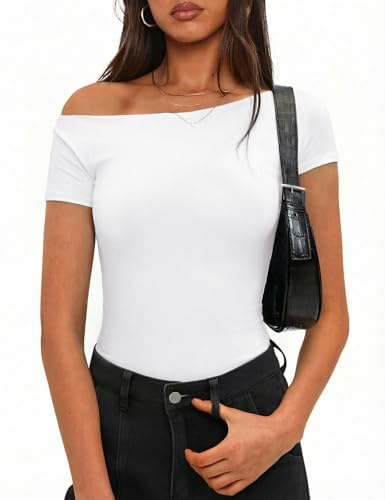 Totatuit camiseta de mujer de algodón manga corta hombros descubiertos top sexy corte slim ideal para primavera y verano Blanco，M