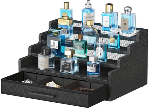 4 Tier Cologne Organizer for Men, Black Wooden Perfume Organizer with Drawer Storage, Perfume Display Shelf for Cologne, Watch, Grooming and Figures, Perfect Birthday/Easter Gift for Lovers & Fathers