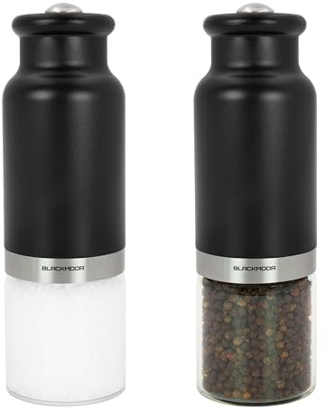 Blackmoor Gravity Electric Salt and Pepper Grinder Set/Battery Operated/Automatic Operation, Tilt to Start/Adjustable Coarseness/Sleek & Stylish Matt Black Design