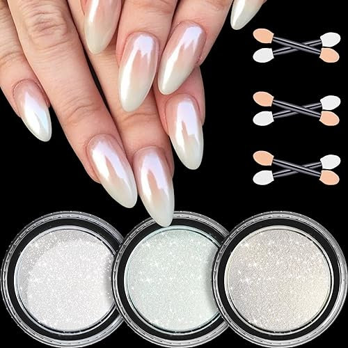 Weiße Perle Chrom Nagelpuder - 3 Schachteln Aurora Ice Schimmer Chrom Pigment Pulver für Nägel Glazed Donut Glitzerpuder Nails Spiegeleffekt-Glitter Nagelkunst für Maniküre