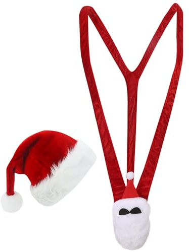 FEOYA Men's Christmas Cosplay Mankini Costume Bodysuit Sexy Santa V-Strap Mankini One-Piece Swimwear Man V-String Xmas Fancy Dress Costume for Men A One Size