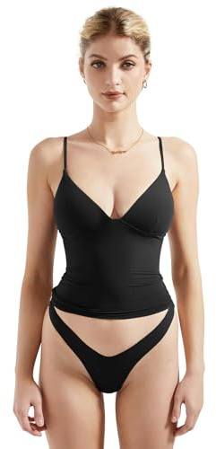 SUUKSESS Women Sexy Deep V Neck Sleeveless Fitted Basic Tops Y2K Going Out Crop Tank Top Camisole (Black,S)
