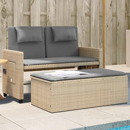 Festnight Gartensofa mit Bettfunktion Gartensofa 2-Sitzer mit Balkonmöbel Rattan Balkonsofa Balkon Sitzgruppe Rattansofa Gartenmöbel Couch Terrasse Gartenbank Garten Loungesofa mit Hocker Beige