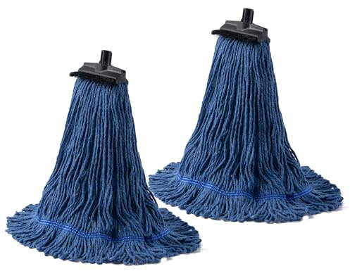 Matthew Large Heavy Duty Mop Head Commercial Replacement for General and Floor Cleaning, Screw-on Wet Industrial Cotton Looped End String Head Refill (Blue Pack of 2) w/Built-in Flexible Bristle Brush