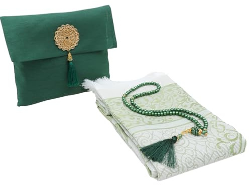 Prien muslimsk bönmatta med Tasbih-pärlor och bärbar väska, muslimsk gåva för kvinnor män, musbarak islamisk låda, mjuk matta gåvoset, turkisk matta för Ramadan, Eid, Hajj, resor (smaragd)