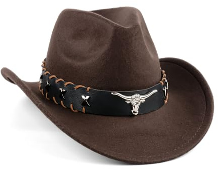 Cappello da cowboy per donne e uomini, cappello da cowboy per uomini e donne, tesa larga con testa di toro in metallo, elegante cappello da cowboy da donna, cappello da cowboy da uomo, accessorio per