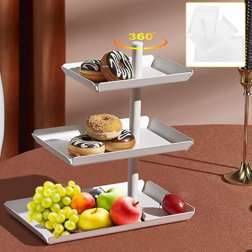 Fruit Basket Stand with 3 Levels, 360° Rotating Fruit Bowl, Metal Fruit Baskets, Bread Basket for Dessert, Cake, Pastry, Biscuit, Fruit (White)