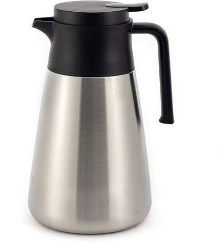 Hanseküche Termo (1,5 L) de acero inoxidable 304 de alta calidad, jarra térmica, jarra de café con elegante aspecto de madera (plata, ovalada)