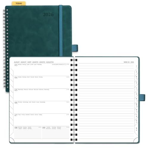 POPRUN Agenda 2026 Semana Vista Espiral 22 x 16,5 cm, Tapa Blanda, Regla Posicionable, Una Página por Semanal con Una Página de Notas, 100 GSM Papel EU, Verde petróleo