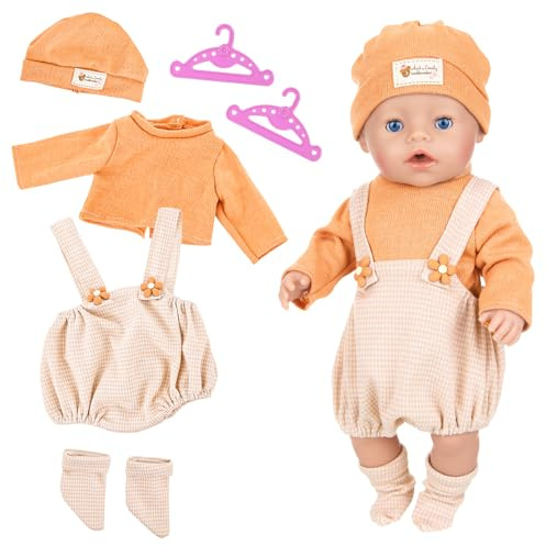 WanderGo Babydockor dockkläder 35–43 cm, 4-delad outfit med 1 topp 1 hängselbyxor + 1 stickad mössa + 1 par strumpor 2 rosa galgar, babydocka, kläder för 14–18 tum dockor