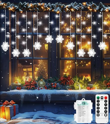 ULIGHTOWN Christmas Window Light Battery Powered 90 LED 3.5M Snowflakes Curtain Lights, Christmas Lights 8 Modes, Waterproof Icicle Lights for Window, Garden, Party, Bedroom, Patio Decoration (White)