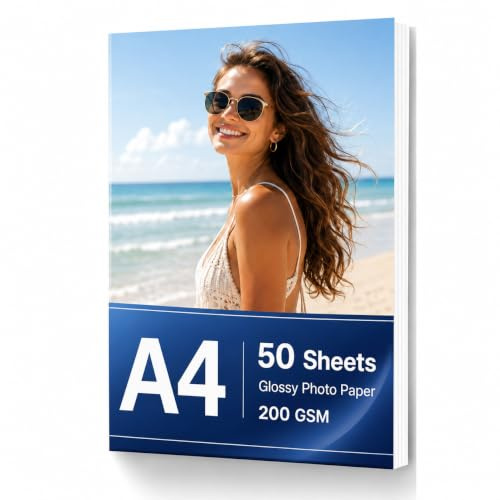 Papel Fotográfico A4 Brillante 200g/m² – 50 Hojas Papel Fotográfico para Impresora, Secado Rápido, Blanco Intenso, Compatible con Papel Fotográfico Adhesivo