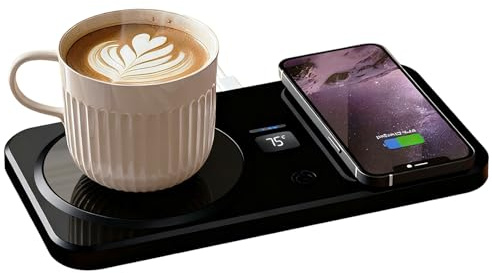 Koppvärmare med värmeplatta, intelligent kaffevärmare med trådlös laddningsfunktion, temperaturkontroll i 3 steg för drycker och mjölk, kaffevärmare för skrivbord, kontor och