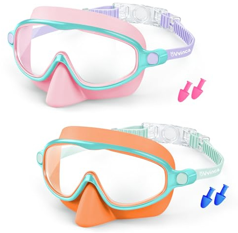 Vvinca 2 Pack Kids Swim Goggles with Nose Cover, Wide View Anti-Fog UV Protection Swimming Mask for Boys Girls Ages 3-14, No Leak Pool Goggles for Toddlers
