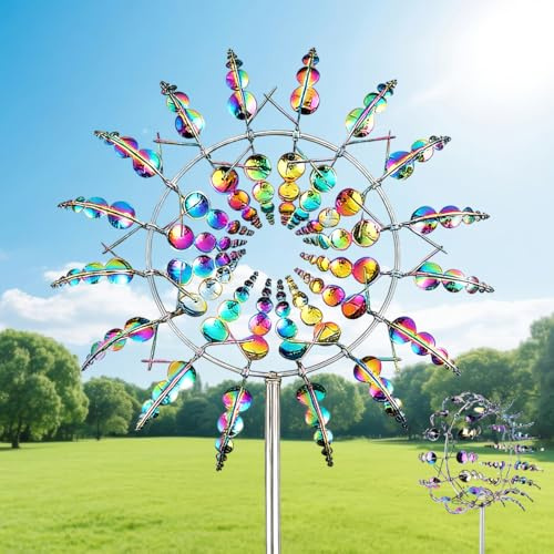 Mulino a Vento in Metallo, Girandola a Vento da Giardino Unico e Magico, 3D Scultura Cinetica Mulino a Vento per Giardino, Terrazza, Prato, Decorazione (Glossy)