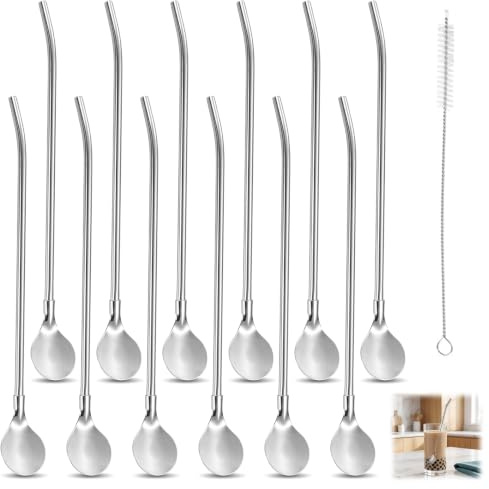 12 Pcs Pajitas de Acero Inoxidable Cuchara, 2 en 1 Cuchara Pajitas de Metal