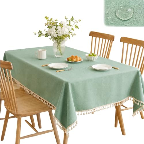 Bordsduk 140 x 180 cm, bordsduk utomhus väderbeständig, vaxduk med fransar, trädgårdsduk väderbeständig, avtorkbar bordsduk, fläckskydd bordsduk för inomhus- och utomhusbruk (ljusgrön)