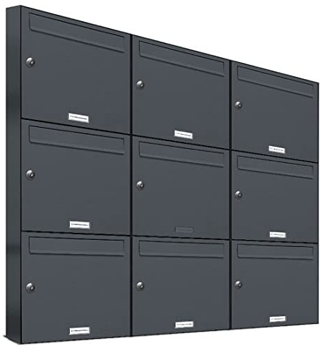 AL Briefkastensysteme 9er Briefkastenanlage Anthrazit Grau RAL 7016, Premium Briefkasten DIN A4, 9 Fach Postkasten modern Aufputz