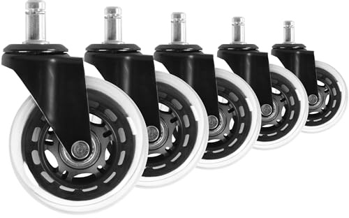 AMSTYLE 5er Set leichtgängige Universal-Schwerlastrollen für Bürostuhl 11 mm Stift/Durchmesser 75 mm, Leise Premium Bürostuhlrollen, Transparente Drehstuhlrollen