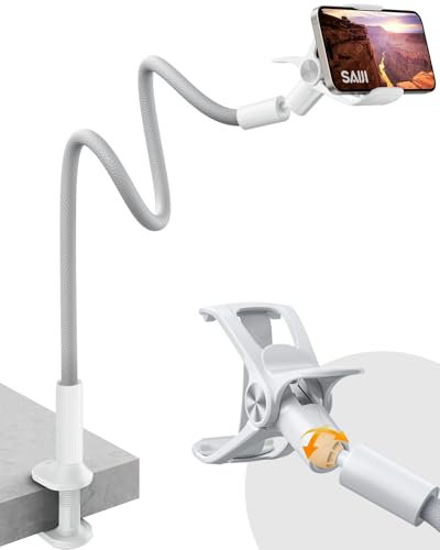 SAIJI Gooseneck Phone Holder, Flexible Lazy Arm holder for Bed with 360 Adjustable Clamp, [Upgraded leather exterior] Cell iPhone Stand For All 4.7-7.0 iPhone Samsung Kindle (38”, Grey)