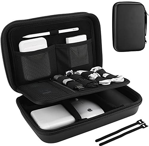 ProCase Hartschalen-Reise-Organizer für MacBook-Netzadapter, Ladegeräte, Kabel, Powerbank, Apple Magic Mouse, Apple Pencil, USB-Flash-Disk, SD-Karte, kleine tragbare Zubehörtasche – Schwarz